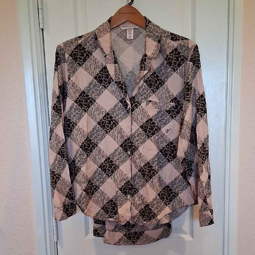 Victorias Secret Black And Pink Leopard Checkered Plaid Button Down PJ SET MED